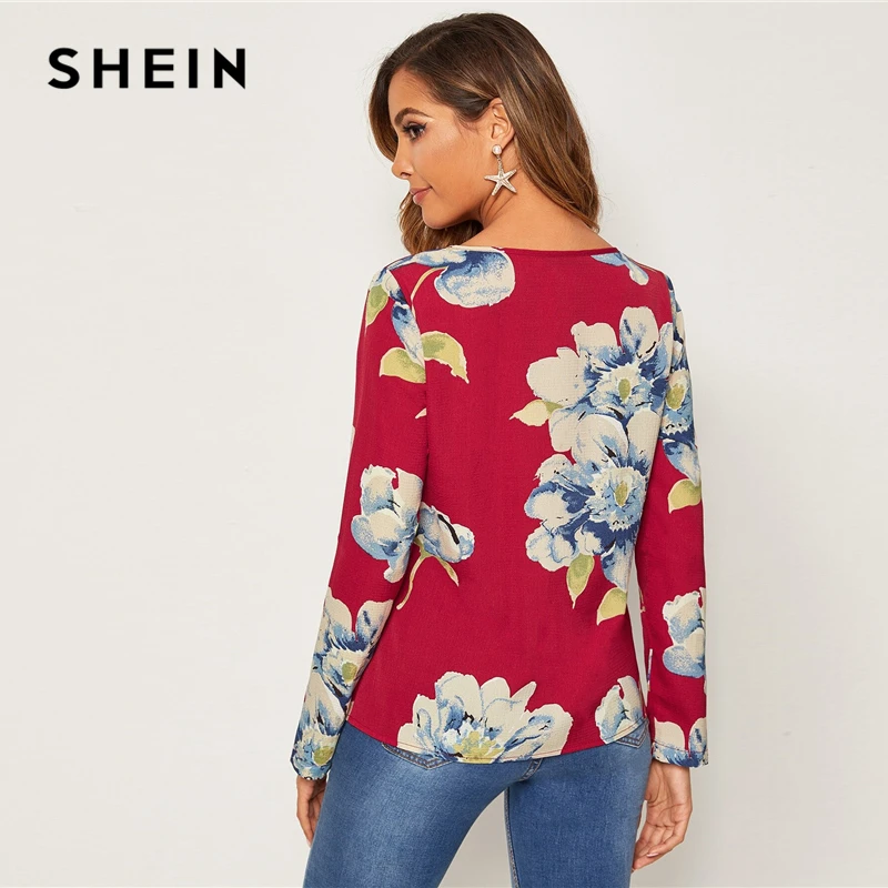 SHEIN, красный рулон, рукав-вкладка, цветочный принт, блузка, женские топы, весна-осень, круглый вырез, с закатанными рукавами, повседневные блузки