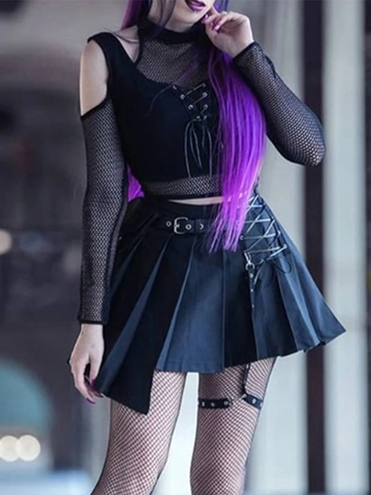 InsDoit ropa gótica de malla negra para mujer, camisetas con cordones, Top corto con descubiertos Sexy, camisetas Punk de estética ajustada, ropa de alta| | - AliExpress