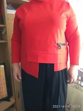 Big-Size T-Shirt Irregular Long-Sleeve Red EAM Fashion Women Spring Round-Neck 