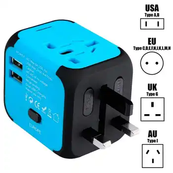 

AC Multi Nation Worldwide International Power Travel Plug Adapter with 2 USB Ports US USA UK EU AU Asia Universal Blue
