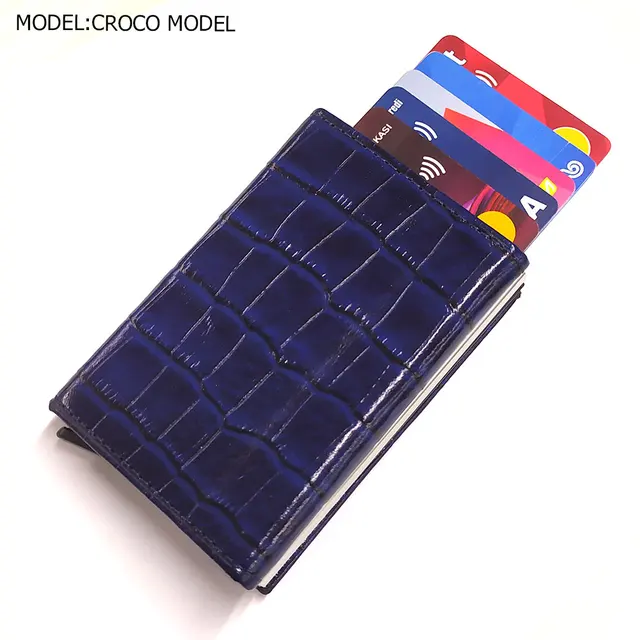 Smart Wallet Business Card Holder Real Cow Leather Handmade Smart Automatic Card Holder Men Gift Croco Navy blue