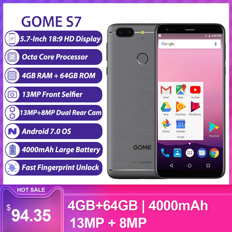 Смартфон GOME S7 4 Гб ОЗУ 64 Гб ПЗУ 5,7 дюймов 18:9 HD MT6750T Восьмиядерный 4000 мАч 13 МП+ 8 Мп отпечаток пальца 4G LTE мобильный телефон