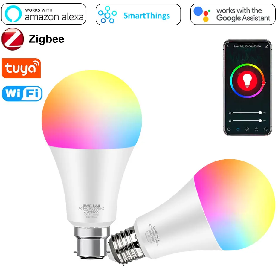 Tuya Zigbee E27 LED Smart Light Bulb B22 RGB Color Changing Wifi Smart light APP 12W 15W Dimmable Work With Alexa Google Home 12v zigbee led strip tuya wifi led light rgbw rgbww led lamp smd 5050 dimmable music light strip work with alexa google for home