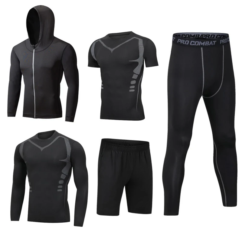 Men's Workout Clothes Athletic Shorts Shirt Set 5 in1 for Basketball Football Exercise Training Running Gym Compression Suits 4