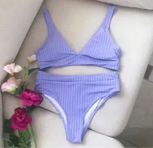 INGAGA Bikinis Sexy cintura alta traje de baño mujeres traje de baño Bikini Push Up de canalé de baño trajes de baño negro Bikini con cuello en V 2021 nuevo