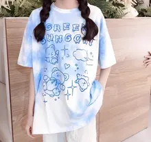 Algodón camiseta con oso Streetwear Verano de gran tamaño, camiseta de las mujeres Harajuku Tops de manga corta Tee Hip Hop teñido camiseta divertida