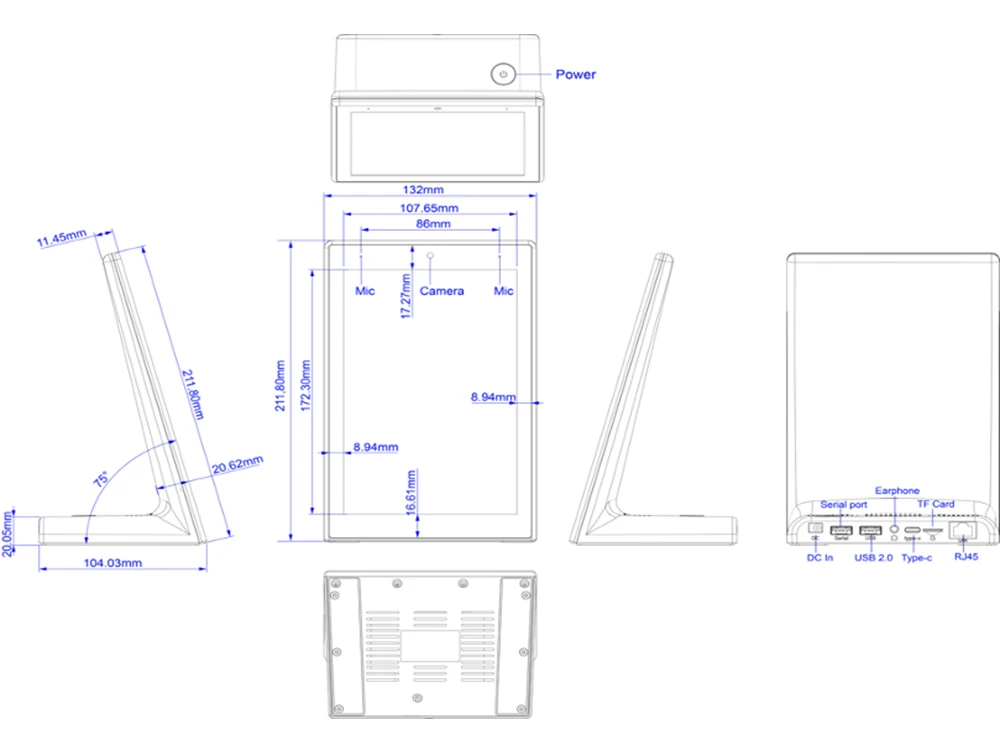 8 Inch Desktop Portrait Android Tablet PC with 5MP Camera, Mic, RS232, USB2.0, Earphone, Type-C, TF Card, RJ45, Wifi, BT, Power Description Image.This Product Can Be Found With The Tag Names Cheap Mini PC, Computer Office, High Quality Computer Office, Mini pc