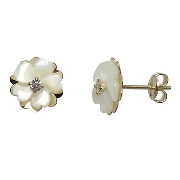 

Earring 18k gold flower Pearl and cubic zirconia close pressure [5192P]