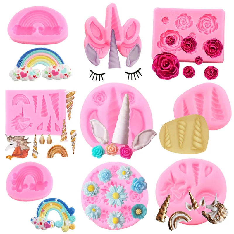 Description Picture 2 of itemUnicorn Horns Ear Rainbow Rose Flower Resin Silicone Mold Cupcake Fondant Cake Decorating Tools Candy Chocolate Gumpaste Moulds