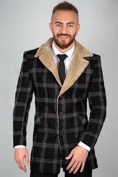 

DeepSEA Black Furry Shawl Collar Plaid Pattern Slim Fit Coat 1901844