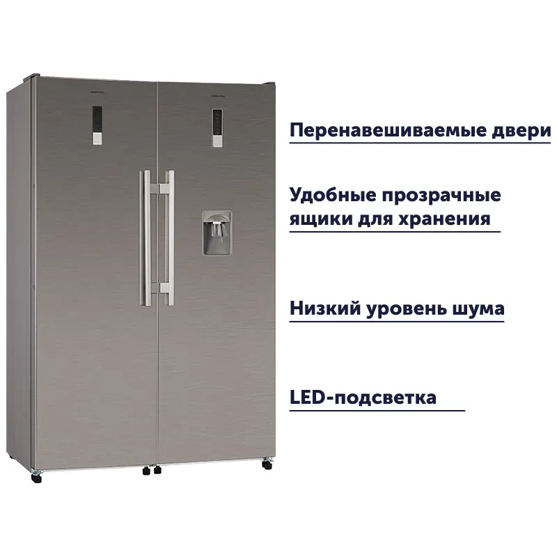 Комбинация Side-by-Side HIBERG RF-35D NFW+ FR-35LD NFWr, Обьем 601 л, фасад белый, можно ставить отдельно друг-от друга, диспенсер и ледогенератор, изихэндл - Цвет: stanly steel