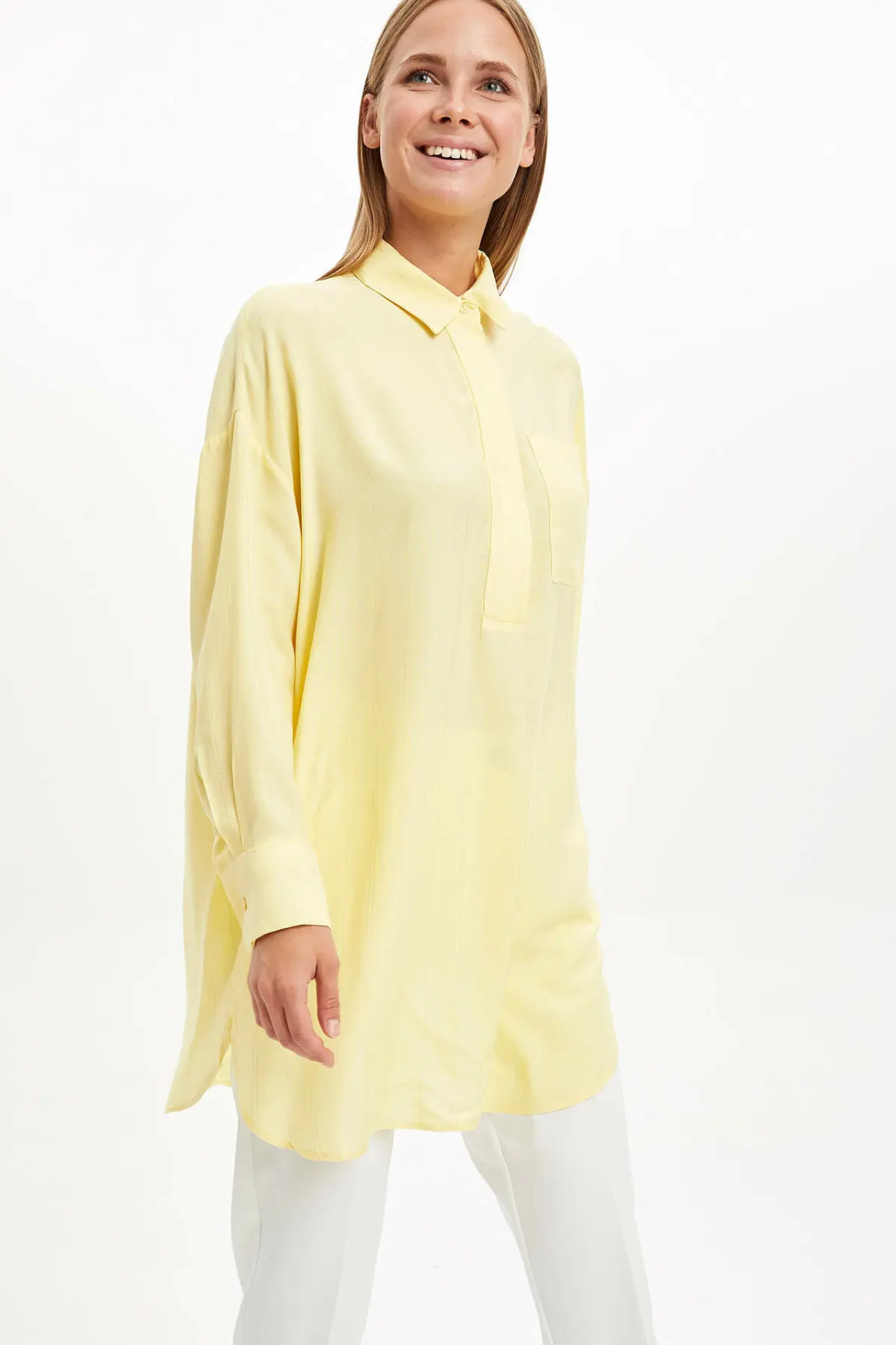 

DeFacto Simple Ladies Fashion Shirt Female Elegant High Quality Long Women Loose Yellow Blouses Spring -L7320AZ19HS