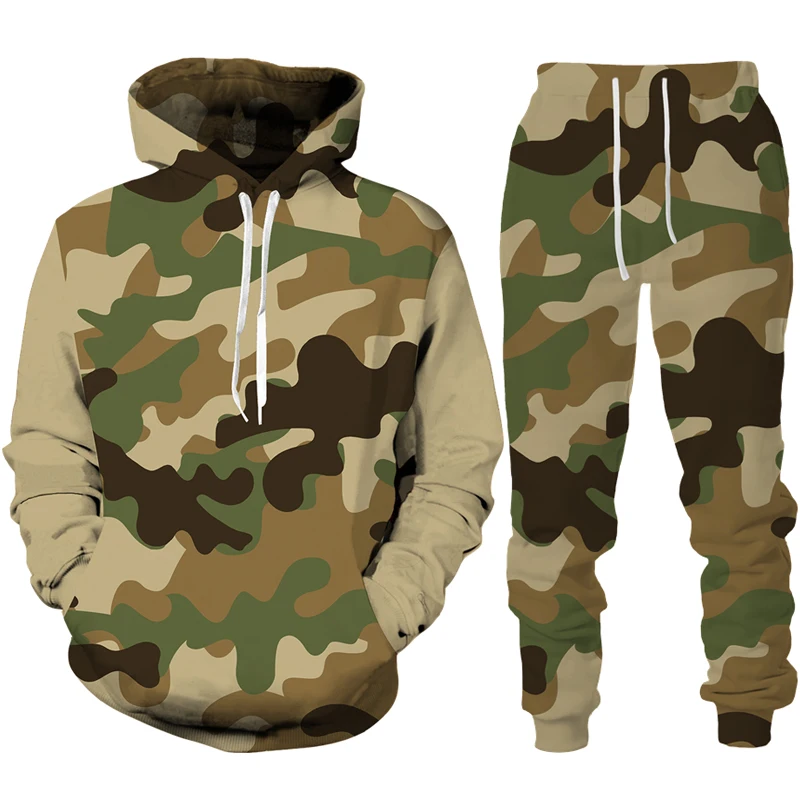 Camouflage 3D Print Men's Hoodies/Pants/Suit Outdoor Fitness Sportswear  Hooded Sweatshirt Two Piece Set Couple Jogging Tracksuit