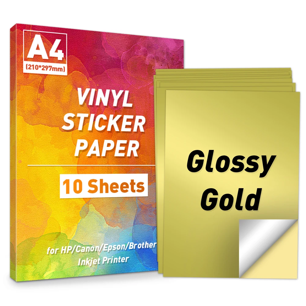 A4 Paper Sticker Printable Label Paper Self Adhesive Glossy Gold Paper PET Vinyl Sticker for Inkjet Printer Copy Paper Sheet