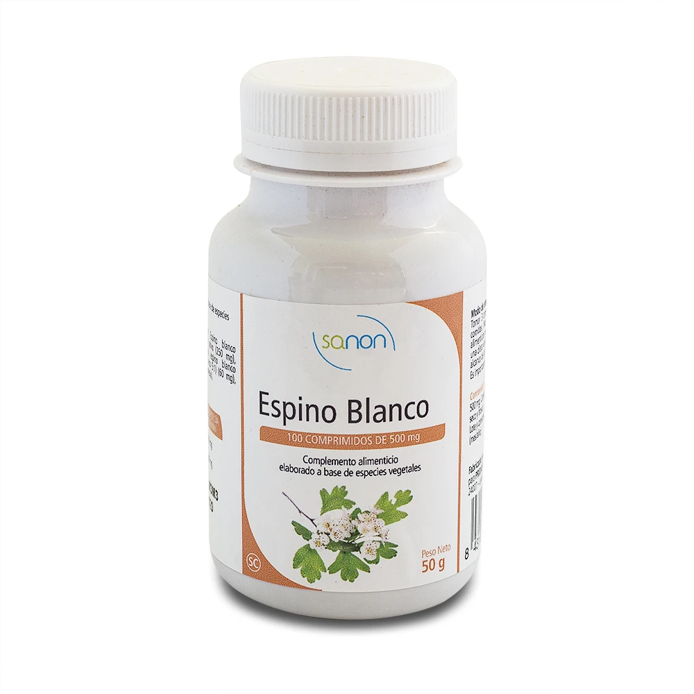 SANON Espino Blanco 100 comprimidos de 500 mg. Problemas cardíacos de origen nervioso. Regulariza la tensión arterial. Arritmias