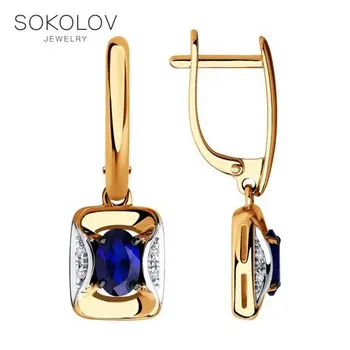 

Drop Earrings with stones SOKOLOV gold with diamonds and blue corundum (synthetic), fashion jewelry, 585, women's male, long earrings