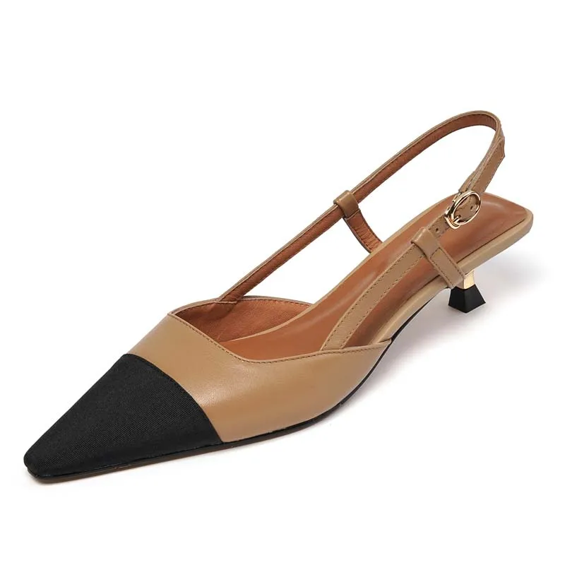 Genuine Leather Women Slingback Sandals Summer Patchwork Pointed Toe Mid  Heels Apricot Beige Buckle Party Shoes SmallHut Brand - купить по выгодной  цене | AliExpress