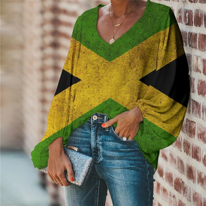 Doginthehole Woman Tops Causal Raggae Jamaica Flag Printing Fashion Clothes Woman Loose Ladies Clothing Top mujer 2020 Autumn 2