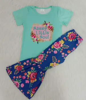 

Baby Girls Wholesale Children Short Sleeve Print Shirt Top Big Ruffle Bell Bottom Pants Kids Clothing Sets Outfits