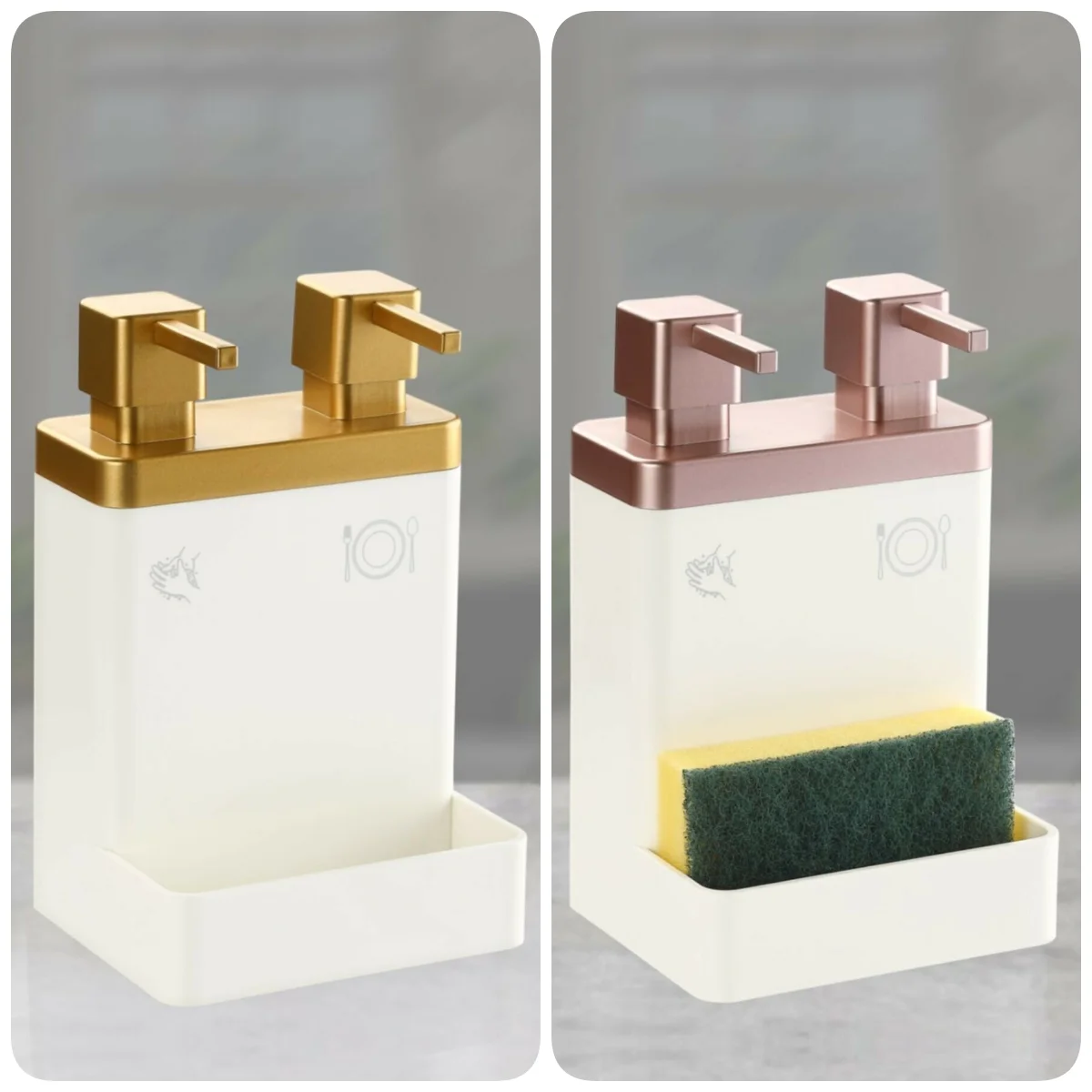 Double Liquid Soap Dispenser Detergent Dispenser Acrylic Dish Sponge Holder Kitchen Bathroom Accessories Washing Refillable