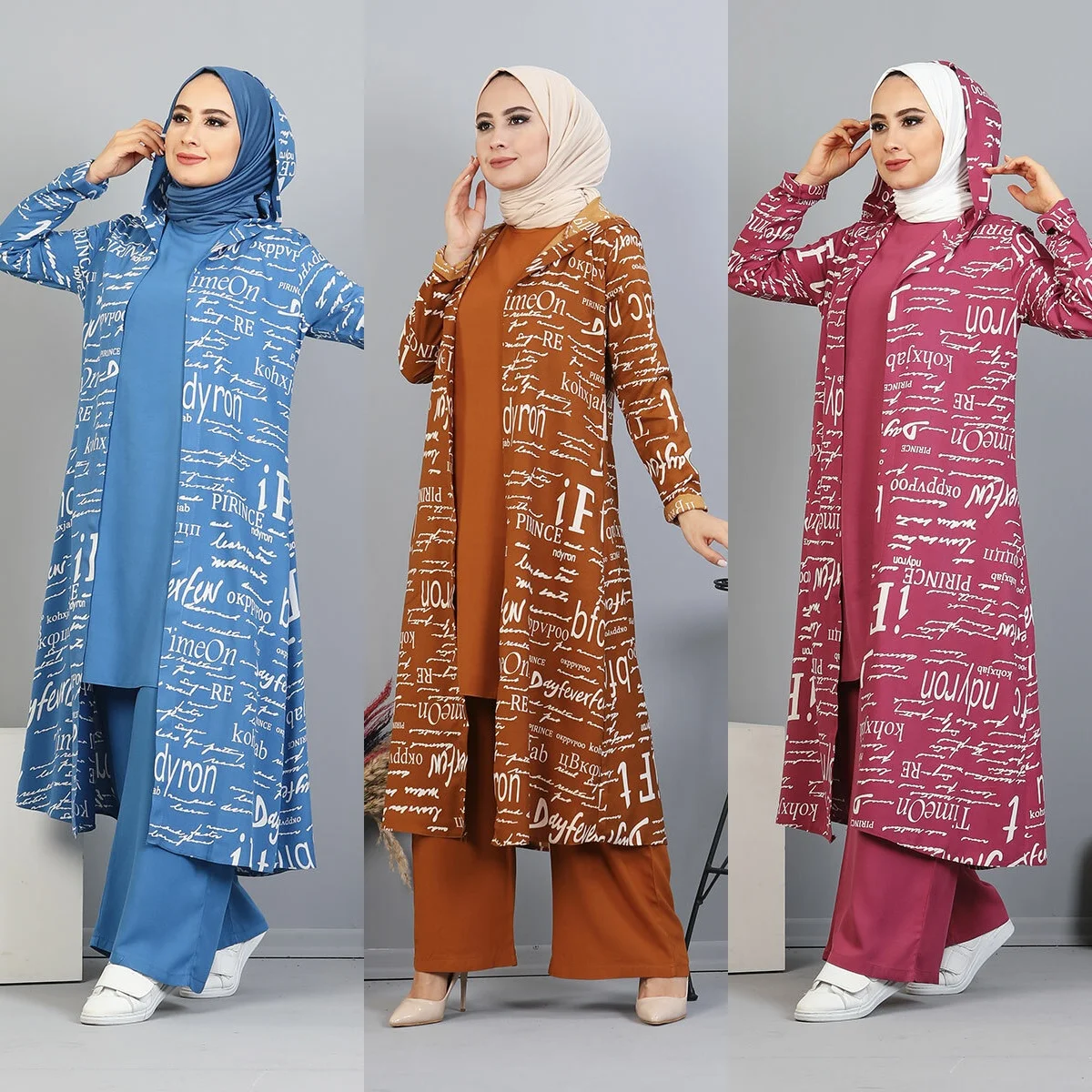 Conjunto de 3 piezas con capucha para mujer, chándal largo con estampado, sudadera + Pantalones para trotar + Top liso, trajes de talla grande, ropa deportiva musulmana