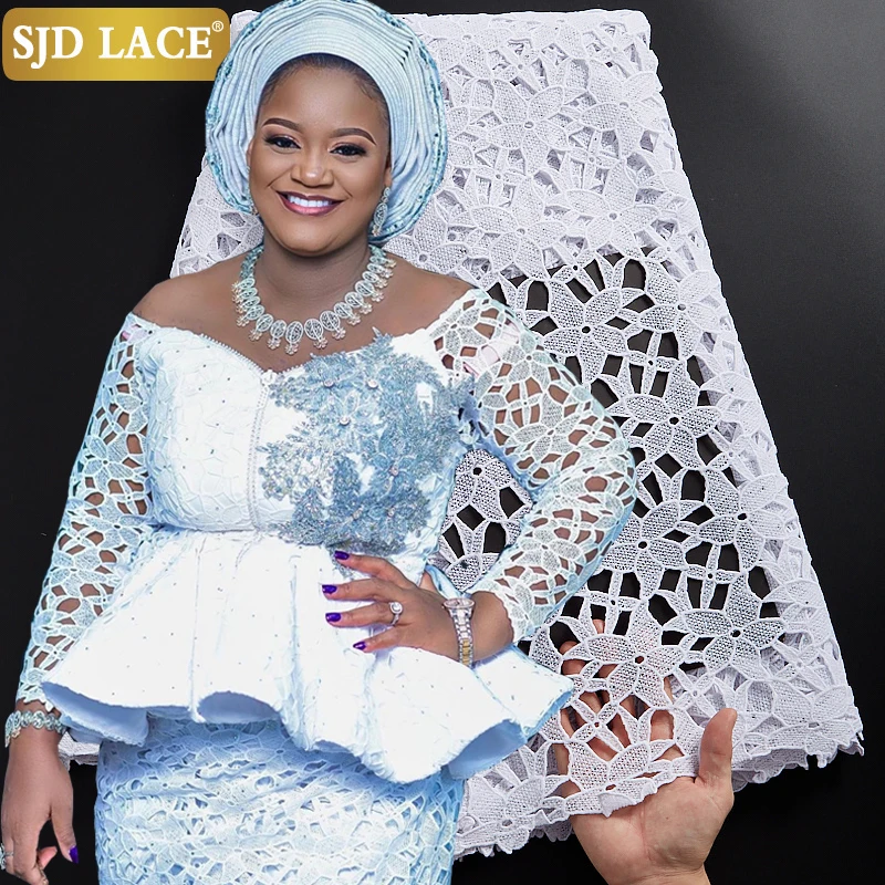 

SJD LACE Pure White Whit Heavy Stones African Lace Fabric Embroidery Water Soluble Guipure Cord Laces For Brids Wedding SewA2368