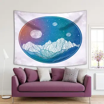 

Tapestry Mountains and Night Sky with Stars Moon Planets in Circle Shape Surrealistic Artwork Purple Blue White