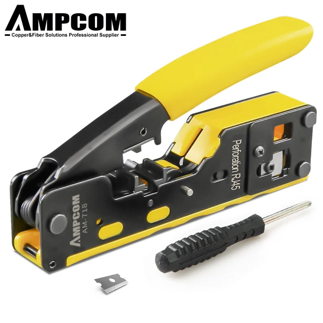 AMPCOM RJ45 RJ11 Pass Through Crimping Tool for Cat7/6A Cat6/5 Ethernet Modular Plugs Connectors With Stripper and Spare Blade Yellow Set 2