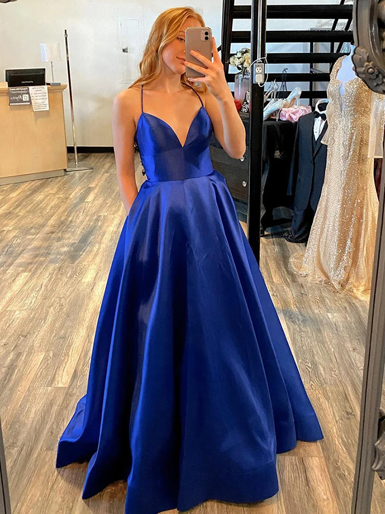 A-Line Royal Blue Satin Spaghetti Straps Long Prom Dress With Cloak Sleeveless A-LINE Boat Neck Formal Party Dress 2022 New rose gold prom dress