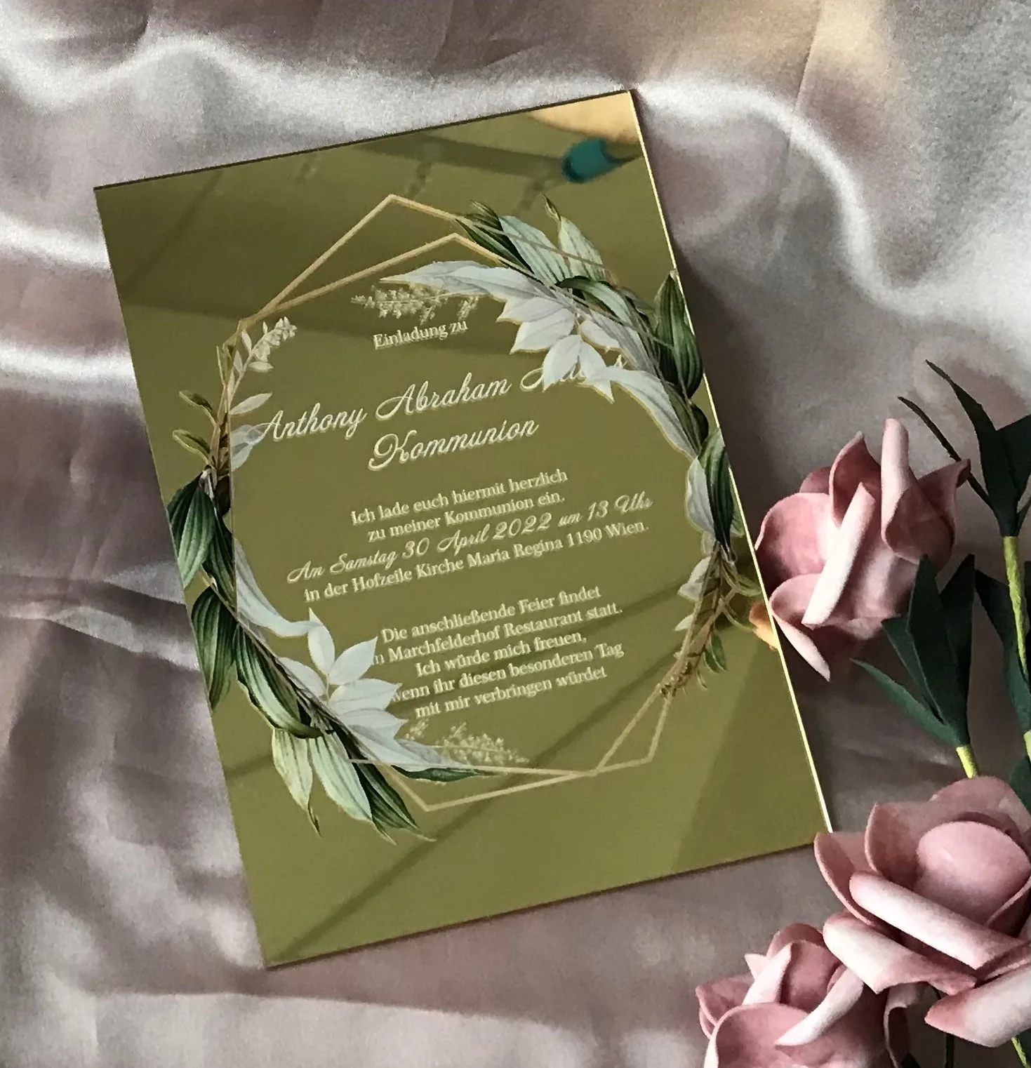 

Mirror Gold Acrylic Eucalyptus Leaves Wedding Invitation Custom 10pcs Invite
