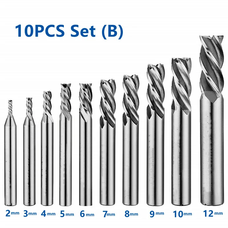 10PCS 세트 결합 된 HSS 엔드 밀 4 플루트 고속 강철 밀링 커터 1.5mm - 12mm CNC 금속 밀링 도구 세트