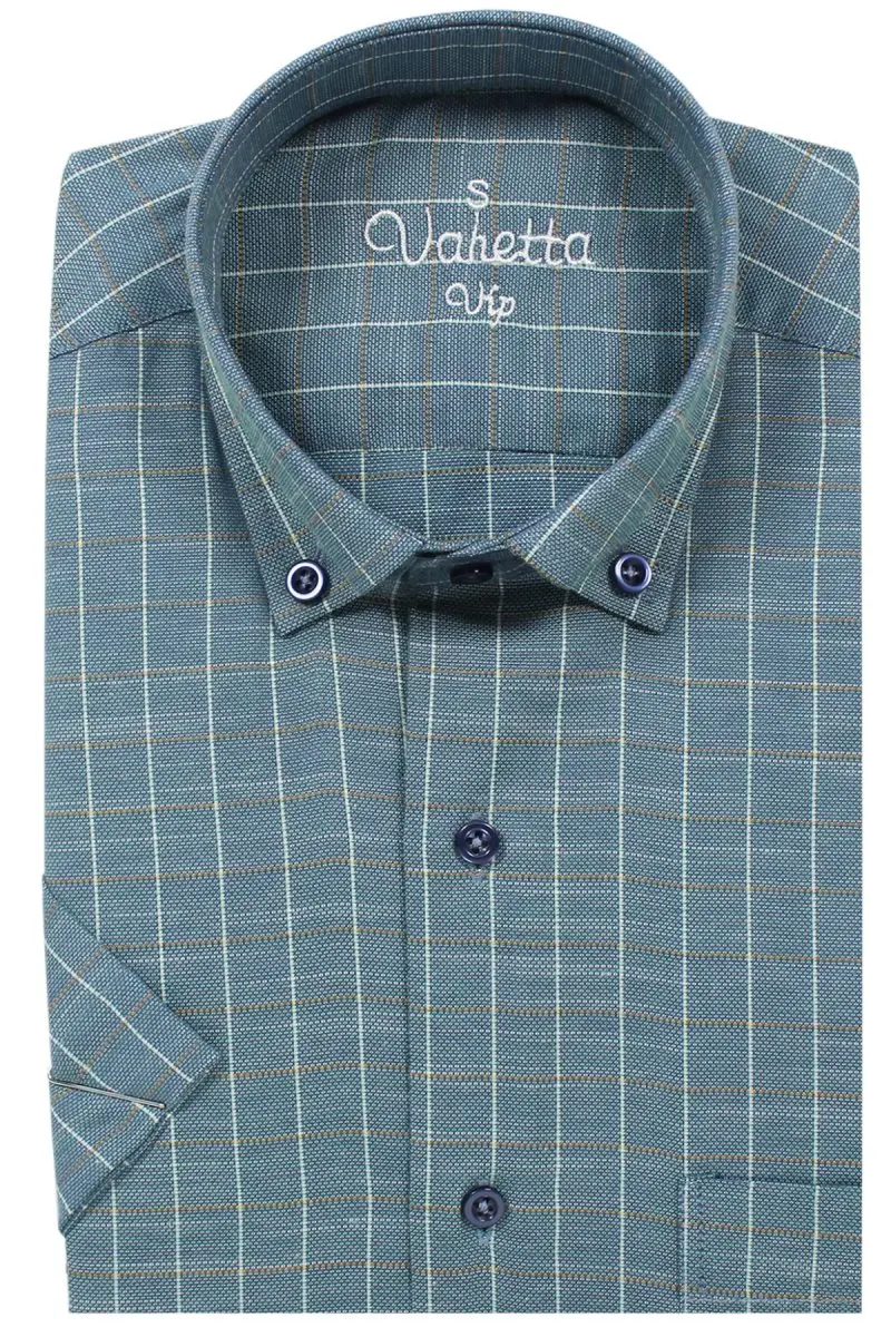 

Varetta % 100 Cotton Linen Blue Regular Casual Shirts Plaid Short Sleeve Men Shirt turn-down collar Covered Button made in Turkey