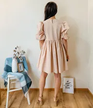 Mini Dress Lantern Short-Sleeve OOTN A-Line Pink Elegant Green Cotton Casual Women Ladies