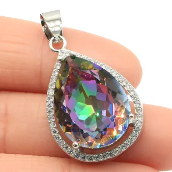 

32x19mm Luxury 20x15mm Created Fire Rainbow Mystic Topaz Gift For Ladies Wedding Silver Pendant