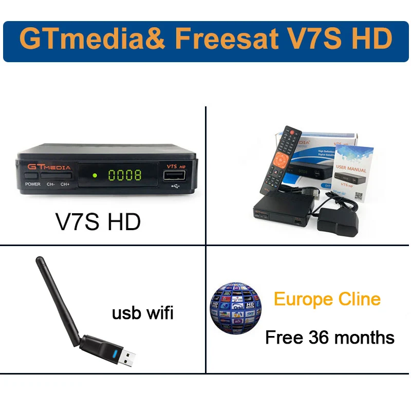 Freesat v7 hd спутниковый ресивер gtmedia v7s декодер gtmedia v7hd Европа Cline на 1 год 1080P USB Wifi Испания Португалия каналы - Цвет: Другое