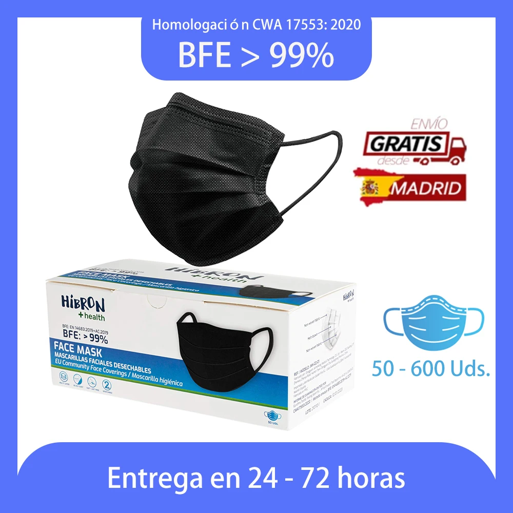 Lot de masques jetables HIBRON, protection respiratoire certifiée CWA 17553, boîte de 50 à 600 pièces.