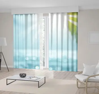 

Curtain Palm Leaf Sun Lights Reflection on Sea Tropical Beach Summer Vacation Photo Green Blue