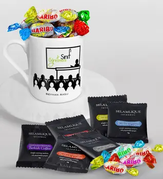 

Personalized Class Teacher Turkish coffee Cup Selamlique Mixed Turkish Coffee House and Haribo Candy Gift Seti-5