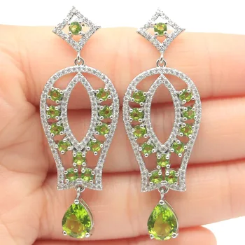 通販 55 × 18 ミリメートルエレガントなロングビッグ作成グリーンペリドット天然cz女性のためのシルバーイヤリング