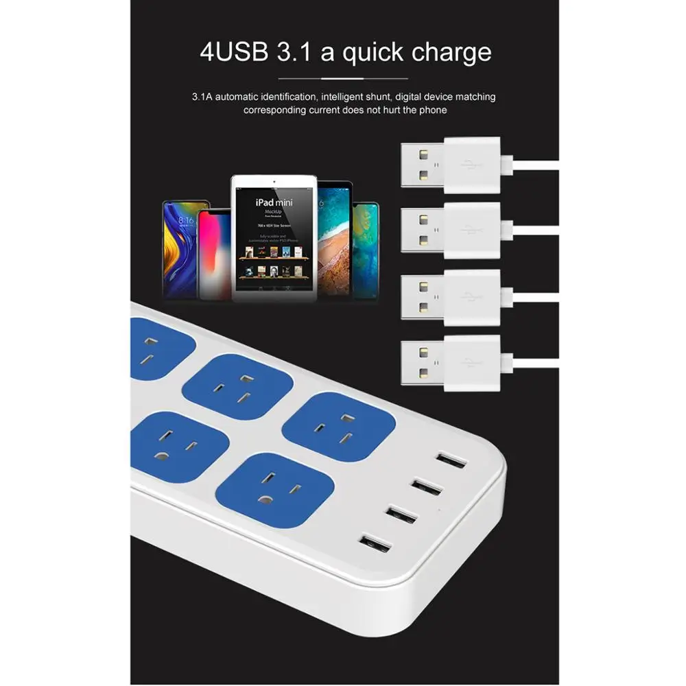 

Universal Electrical Socket EU/US Plug Smart Extension Power Strip Home Office Surge Protector 8 AC with 4 USB