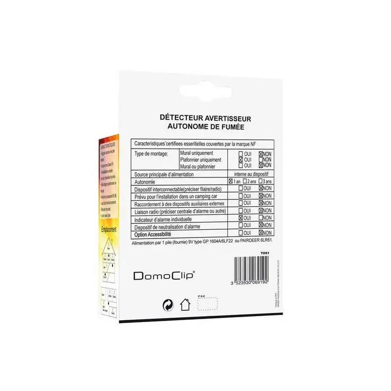 Обнаружение дыма, сигнализация Domoclip TO51