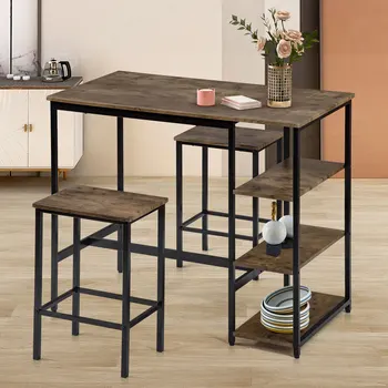 

3-Piece Rustic Brown Bar Table and Stools Chairs Set with Large Storage Shelves for Pub Kitchen Dining Room Breakfast Industrial