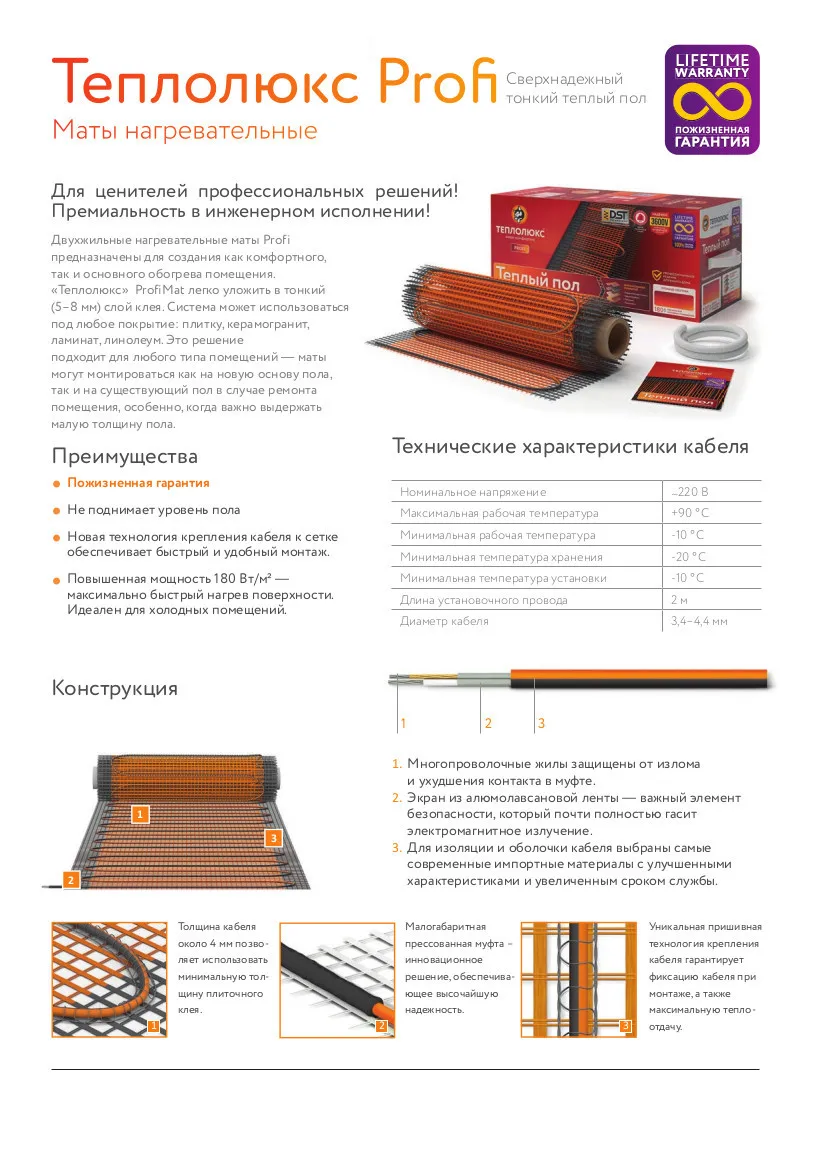 Нагревательный мат для теплого пола 1080Вт/6м2