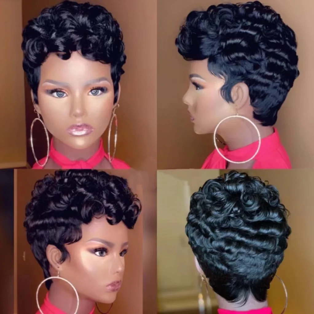 WIGERA Synthetic Short Curly Pixie Cut  Bob Wig Glond Brown/ Black/Wine Red Hair  Colored Wigs For Women