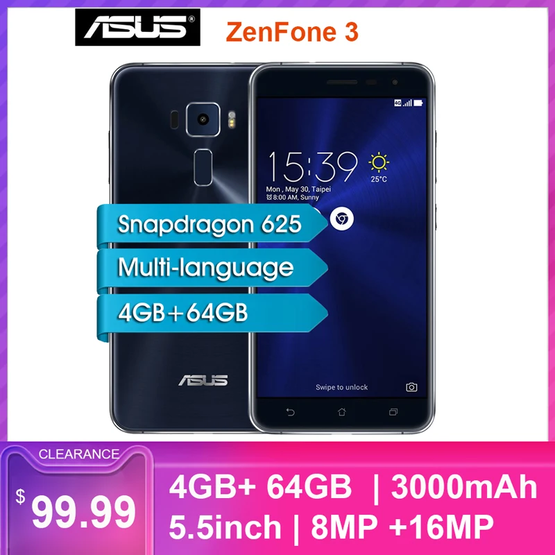 Мобильный телефон ASUS ZenFone 3 ZE552KL, 4 ГБ, 64 ГБ, 5,5 дюймов, Восьмиядерный 8 Мп, 16 МП, 3000 мА/ч, разблокированный смартфон с отпечатком пальца, 4G, LTE