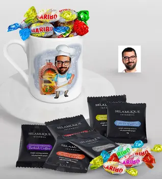 

Personalized Mr Kebab shops Caricature Of Turkish Coffee Cup Selamlique Mixed Turkish Coffee house And Haribo Candy Gift Seti-1
