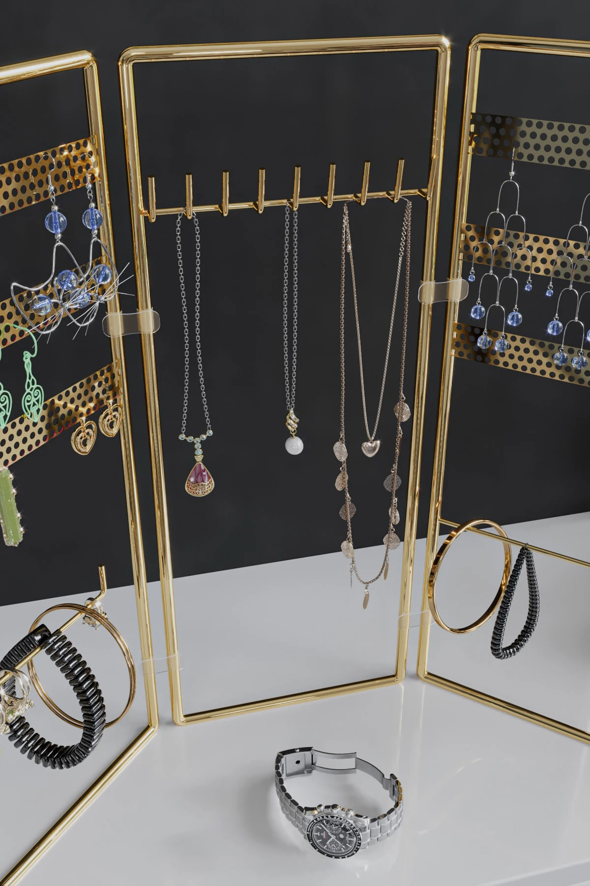 Gold Gold 3-Piece Jewelry Stand, Jewelry, Earring, Bracelet, Necklace Set, Jewelry Cabinet Organizer