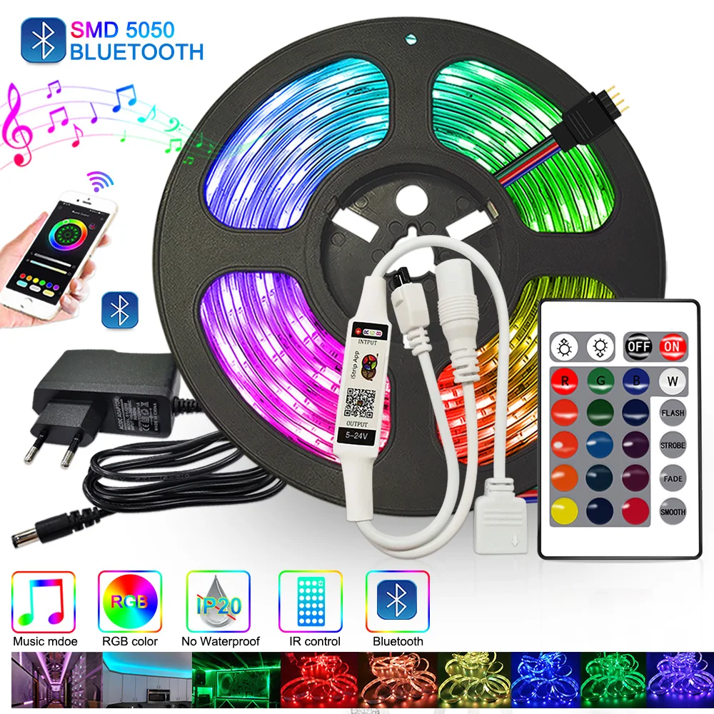 RGB LED Strips 5 m 10 m LED Lights for room 20 m 15 m 12v LED Lights RGB Diode Tape Flexible Ribbon Lamp power adapter