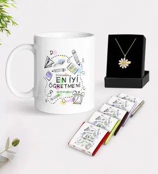 

Personalized World Best Teacher White Mug Chocolate and Is Daisy Necklace Gift Seti-8