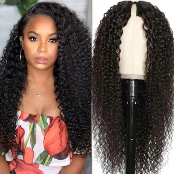 U파트 인모 가발 Kinky Curly U파트 인모, 무접착제 브라질리언 딥 웨이브, 180% 밀도
